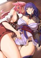 八重神子＆雷電将軍と中出し3Pセックス