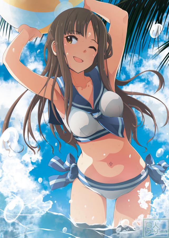 セーラー水着を着たアイドルのグラビア風のイラスト集 <> 004
