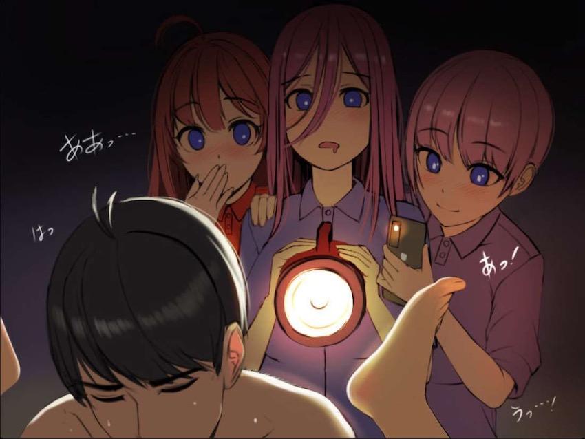美乳で爆乳姉妹の四葉と三玖。ふたりの美体に正常位でぶっかける！四葉の乳マンコズリコキで顔射！ <> 007