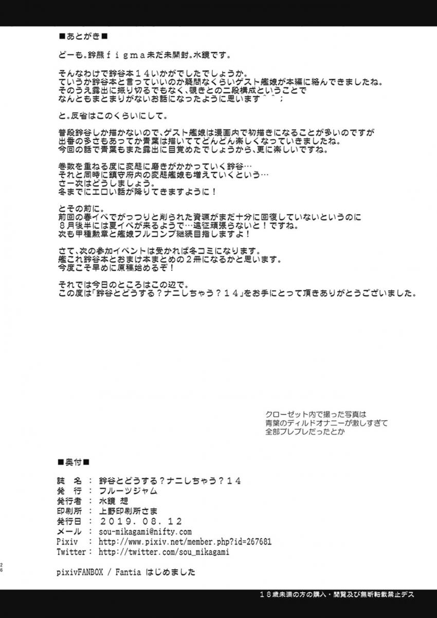 鈴谷と青葉がお互いのおしっこ写真を撮り合ったあと、プリントするため鈴谷の部屋へ向かったふたり。途中で提督が訪ねてきて急いで隠れる青葉の目の前で提督と鈴谷のセックスが始まってしまう！ <> 025