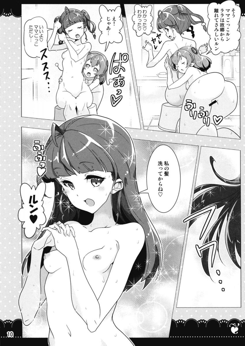 プリキュアたちの弱点を探るべく盗撮上映を始めたノットレイダー達。お風呂に入るひかるとララ。二人で身体を洗ったらいつものママごっこがスタート。バブみ全開のひかるがララを甘やかす。 <> 009