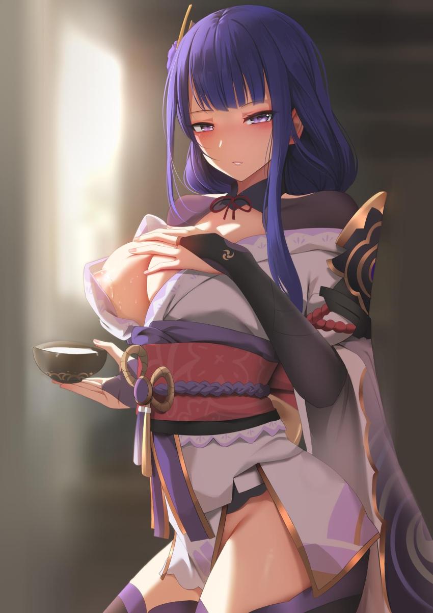 優しくておっぱいが大きな雷電将軍とイチャラブ同棲生活☆ご飯前の生搾りミルク・裸エプロンパイフェラ・中出しセックス <> 002