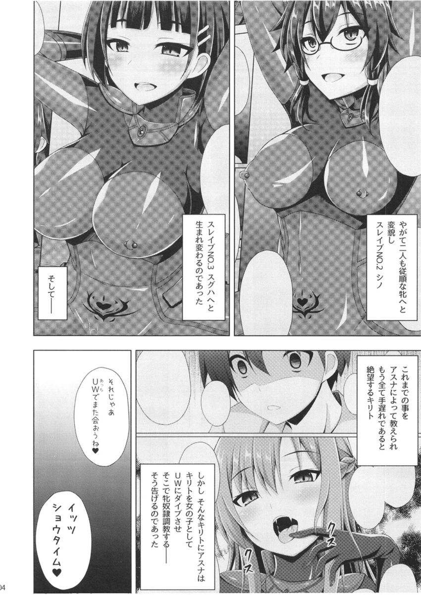 悪堕ちアスナに女体化されメス奴隷調教されるキリト。悪堕ちリーファとシノンもやってきて完全なメスへと生まれ変わる。 <> 003