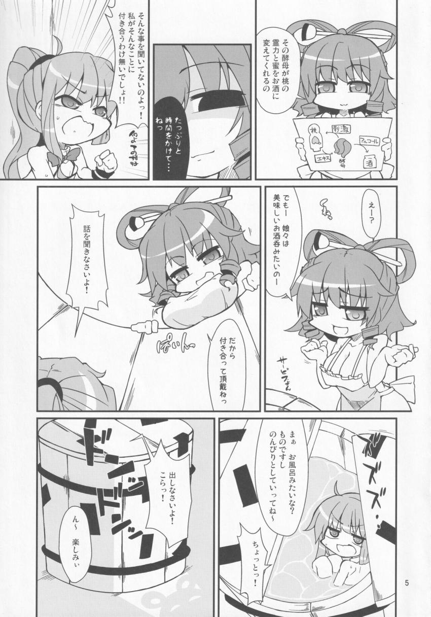 桃のお酒の作り方☆とれたてピチピチ元気な桃と特製酵母を水を張った樽に入れてじっくり寝かせれば出来上がり！ <> 004