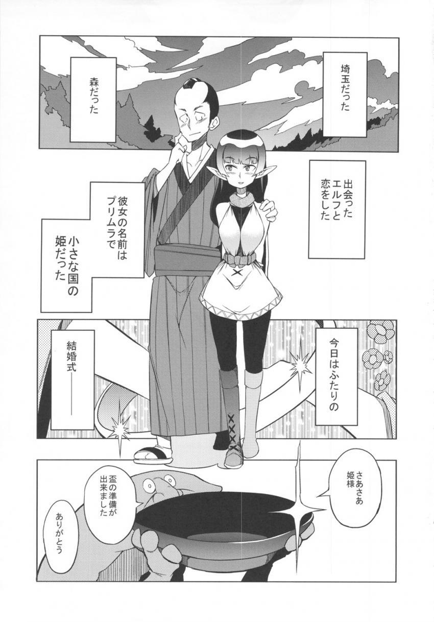 小さなエルフの国の可憐なお姫様と結婚した主人公。結婚の儀を行うにあたり新婦の隣で目隠しをして黙って儀式が終わるのを待つ新郎だったが…。 <> 002